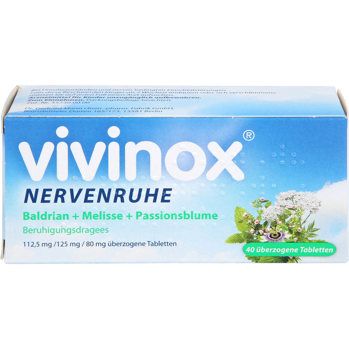 Vivinox Nervenruhe Baldrian + Melisse + Passionsblume .Beruhigungsdragees, 40 pcs. Dragées