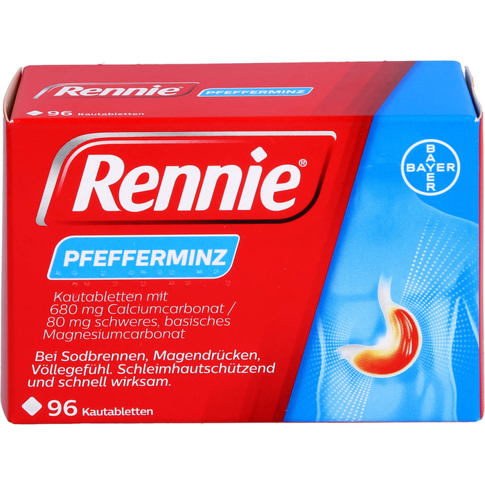 Rennie Kautabletten bei Sodbrennen, Magendrücken und Völlegefühl Pfefferminze, 96 pc Tablettes