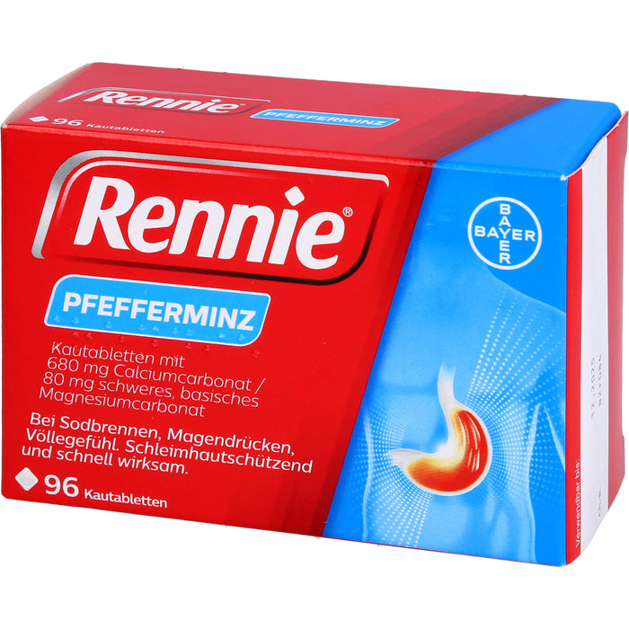 Rennie Kautabletten bei Sodbrennen, Magendrücken und Völlegefühl Pfefferminze, 96 pcs. Tablets