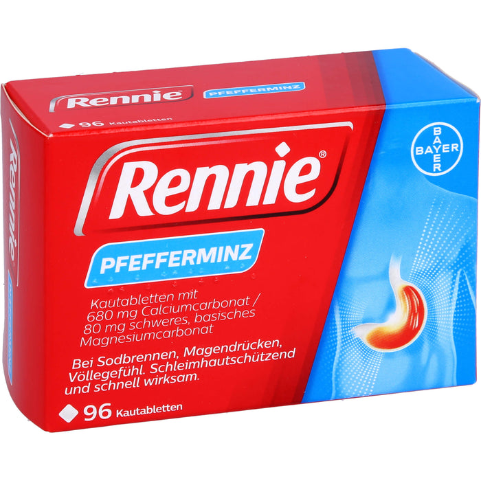 Rennie Kautabletten bei Sodbrennen, Magendrücken und Völlegefühl Pfefferminze, 96 pc Tablettes