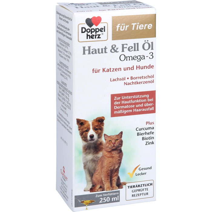 Doppelherz Haut & Fell Öl Omega 3 für Katzen + Hunde zur Unterstützung der Hautfunktion bei Dermatose und übermäßigem Haarausfall, 250 ml Solution