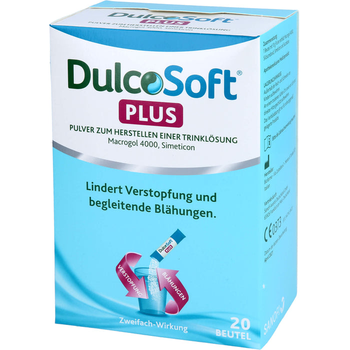 DulcoSoft Plus mit Macrogol und Simeticon Pulver lindert Verstopfung und begleitende Blähungen, 20 St. Beutel