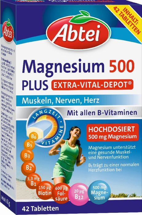 Abtei Magnesium 500 Plus Extra Vital Depot Tabletten für Muskeln, Nerven und Herz, 42 pcs. Tablets