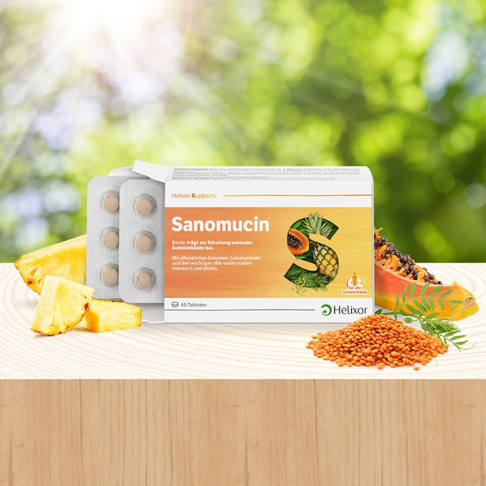 Helixor supportiv Sanomucin - mit pflanzlichen Enzymen, Linsenextrakt und den wichtigen Mikronährstoffen Vitamin C und Biotin, 60 pc Tablettes