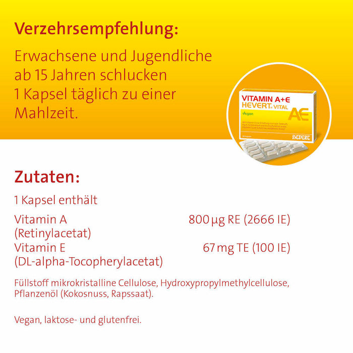 HEVERT Vitamin A + E vegane Kapseln zur Unterstützung der Erhaltung der Sehkraft und zum Schutz der Zellen vor oxidativem Stress, 60 pcs. Capsules