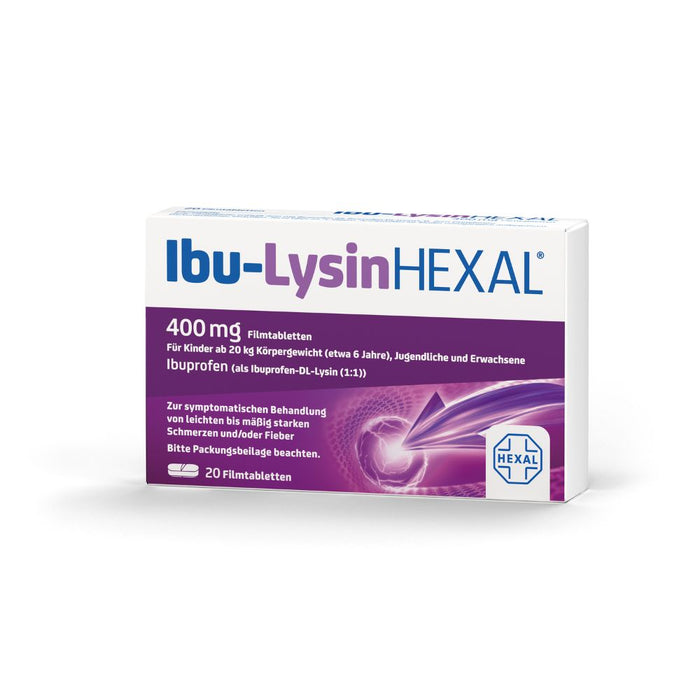 Ibu-Lysin Hexal 400 mg Filmtabletten bei Schmerzen und Fieber, 20 pc Tablettes