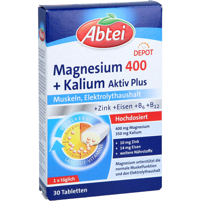 Abtei Magnesium 400 + Kalium aktiv plus Tabletten für Muskeln und Elektrolythaushalt, 30 pcs. Tablets