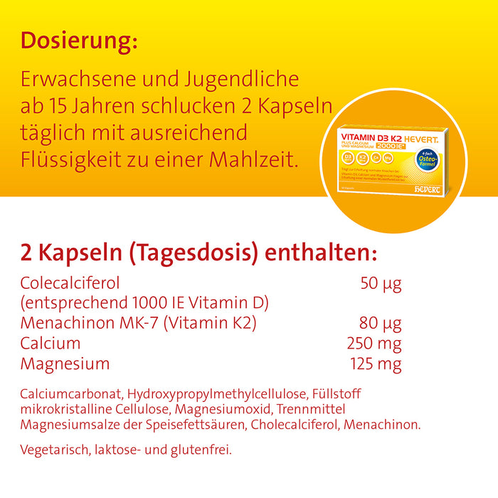 VITAMIN D3 K2 Hevert plus Ca Mg 2000 IE/2 Kapseln, 120 pc Capsules