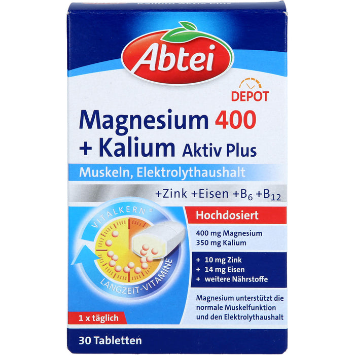 Abtei Magnesium 400 + Kalium aktiv plus Tabletten für Muskeln und Elektrolythaushalt, 30 pcs. Tablets