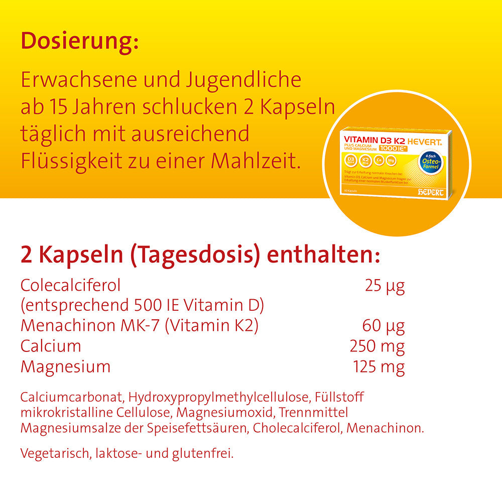 Vitamin D3 K2 Hevert plus Calcium und Magnesium 1000 IE, 60 St. Kapseln