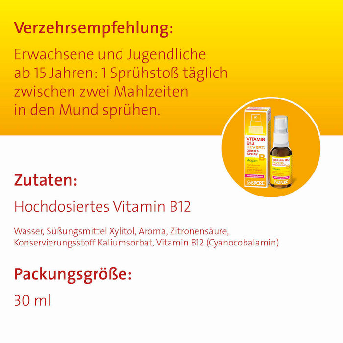 HEVERT Vitamin B12 Direkt-Spray hochdosiertes Vitamin B12 gegen Müdigkeit, für mehr Energie, 30 ml Solution