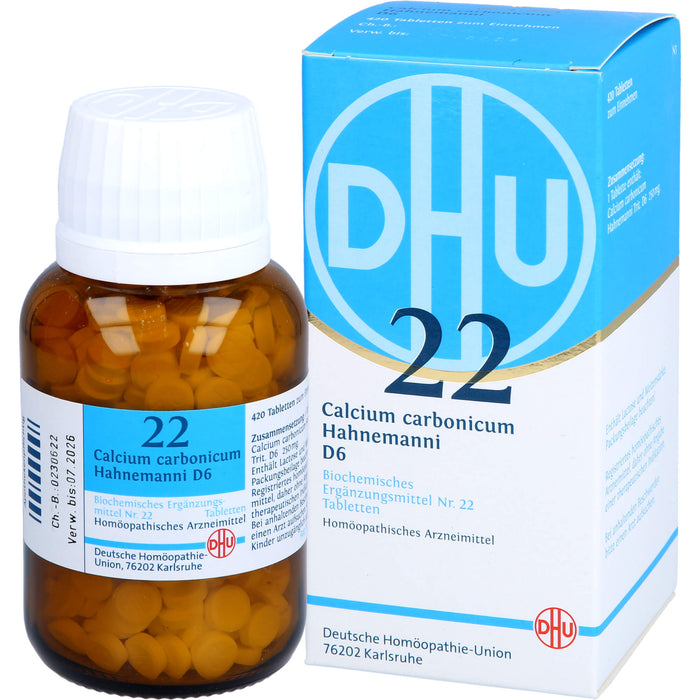 DHU Calcium carbonicum Hahnemanni D6 Biochemisches Ergänzungsmittel Nr. 22 – Das Mineralsalz des Calciumstoffwechsels und des Lymphsystems – umweltfreundlich im Arzneiglas, 420 pcs. Tablets